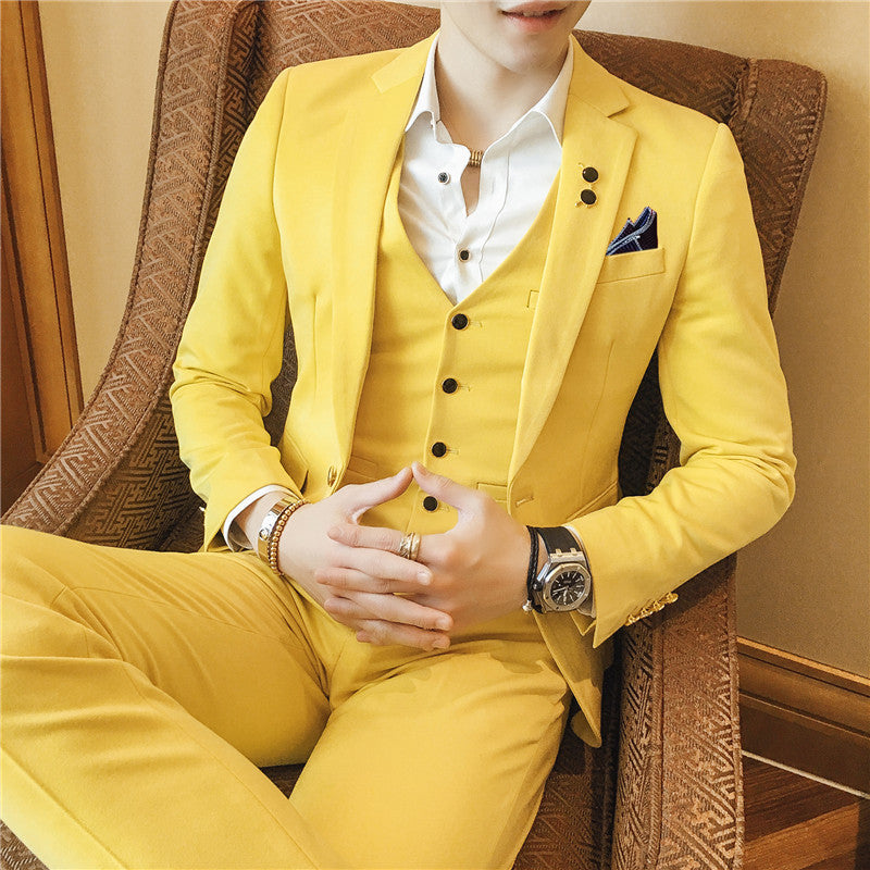 European And American New Red Suits Set Product information: Placket: Single row with one button Fabric name: cotton Color: red, yellow, black, light gray, royal blue, orange Size: 46/S, 48/M, 50/L, 52/XL, 54/XXL, 56/3XL, 58/4XL Style: light business Size