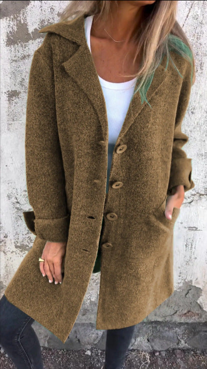 Lapel Single Breasted Cardigan With Pockets Fashion Color Solid Mid-Length Outwear Coat Womens Clothing Overview: Unique design, stylish and beautiful. Good material, comfortable wear. A variety of colors, any choice. Product information: Version: Loose W