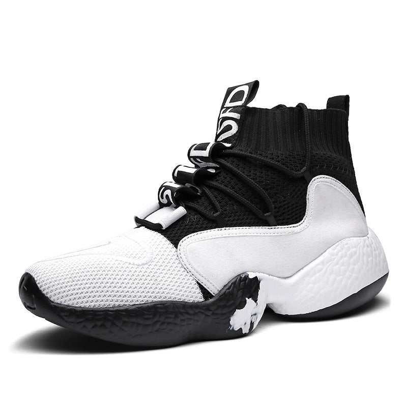 Flying woven socks high-top men's shoes Inner material: flying woven Pattern: stripes Upper height: high help Sole material: PU bottom Upper material: flying woven Color: 8388 black yellow, 8388 black, 8388 white black Size: 38,39,40,41,42,43,44,45,46,47,