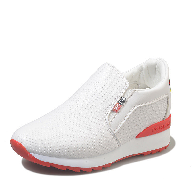 Inner heighten women's shoes casual shoes Toe shape "round toe Upper Material ”Artificial PU Applicable gender: female Heel height: middle heel (3-5CM) Sole Material: Rubber Inner material: cloth Upper height: low Heel shape: flat heel Sole technology: Vi
