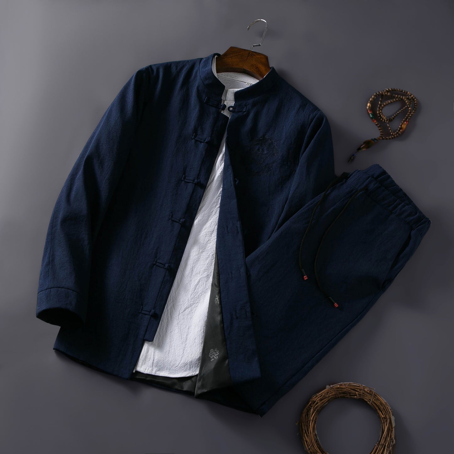 Spring Chinese Style Retro Ethnic Style Suits Men's Suits Spring Stand-up Collar Chinese Tunic Product information: Threshold: Multi-grain double-breasted Fabric Name: Cotton Blend Main fabric composition: Acetate fiber The content of the main fabric comp