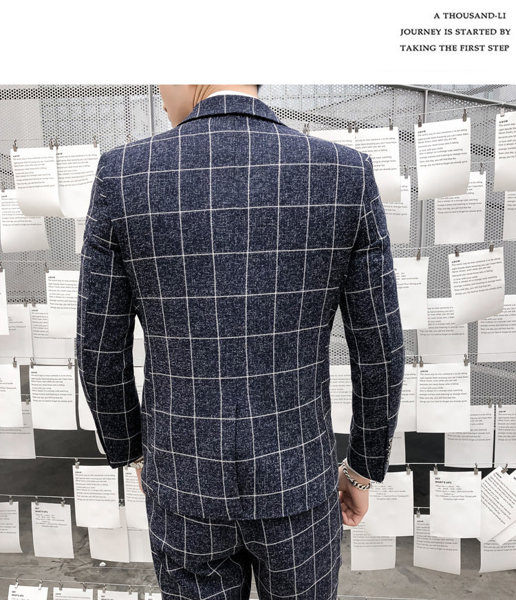 Slim Fit Suit Suit Men's Plaid Suit Three-piece Suit Product information: Thickness: regular Fabric name: Chemical Fiber blend Applicable scenarios: Leisure Color: khaki, black, dark blue, gray Main fabric composition: viscose Size: M,L,XL,XXL,XXL,XXXXL V