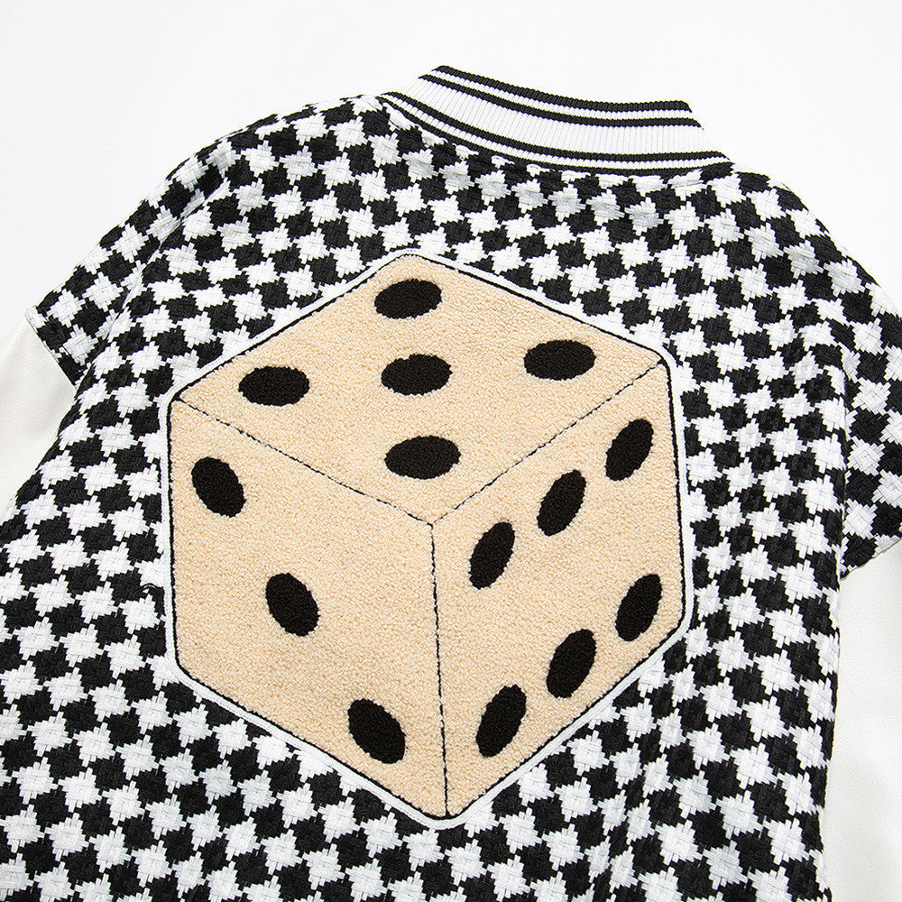 Dice Pattern Embroidered Baseball Uniform Men Product Details: Pattern: Dice Edition type: Loose Collar type: stand collar Placket: Single-breasted Main fabric composition: polyester fiber The content of main fabric components: 80 (%) Style Details: Embro