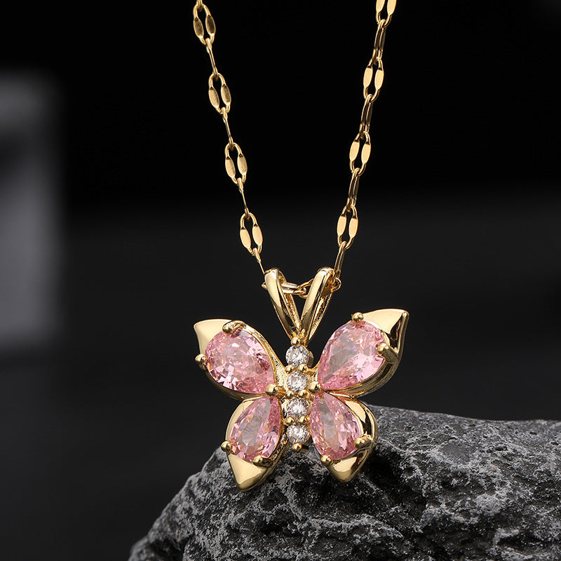 Titanium Steel Necklace For Women Without Fading Product information : Material: titanium steel Processing technology: diamond setting Chain style: O chain Color: 9097 pink diamond Butterfly Size Information: Packing list: Necklace *1 Titanium Steel Neckl