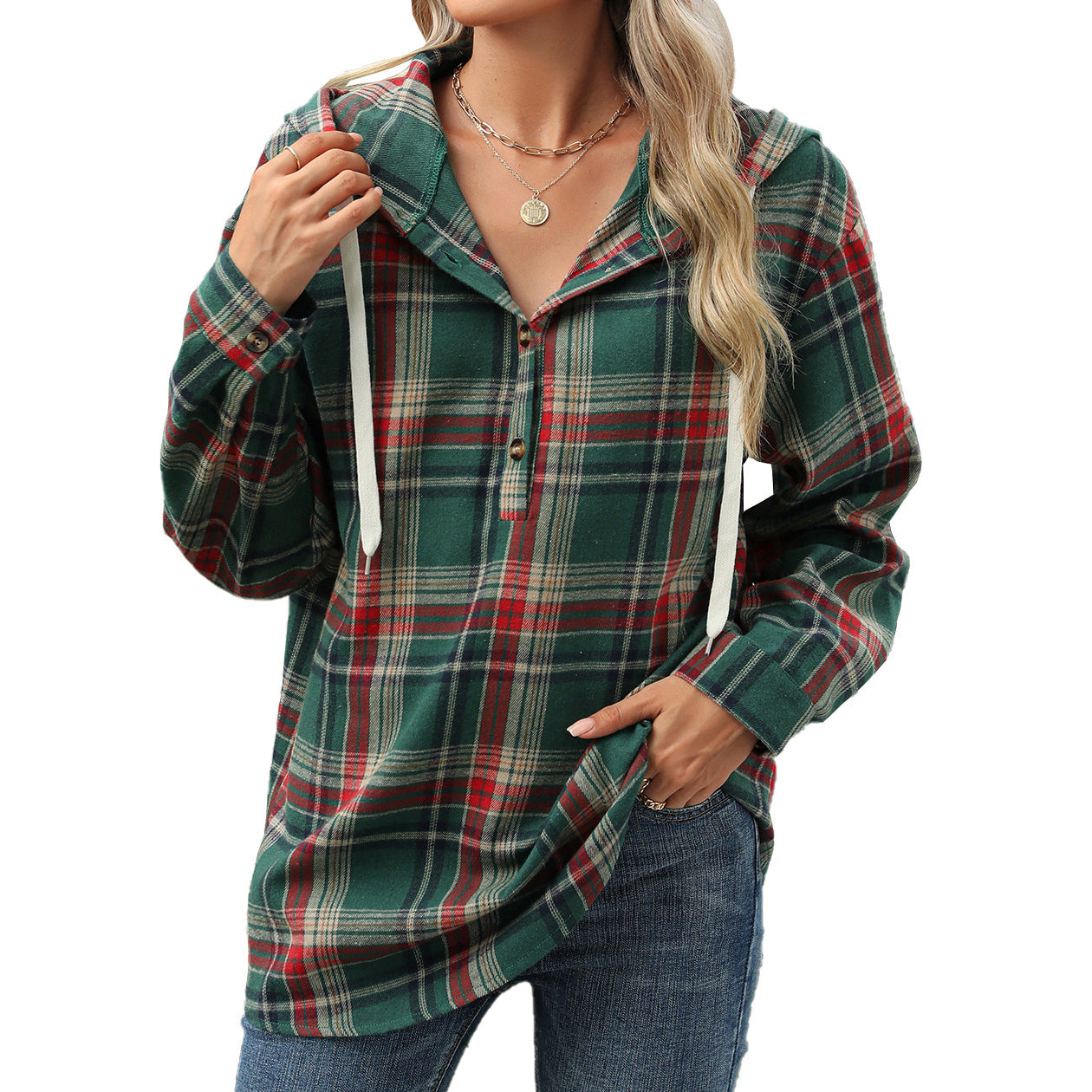Fashion Plaid Print Hooded Sweatshirt With Button Loose Long Sleeve Hoodies Leisure Sports Top For Womens Clothing Product information: Fabric name: Renmian Main Fabric Composition: Cotton Main Fabric Component 2: Polyester (Polyester Fiber) Pattern: Grid