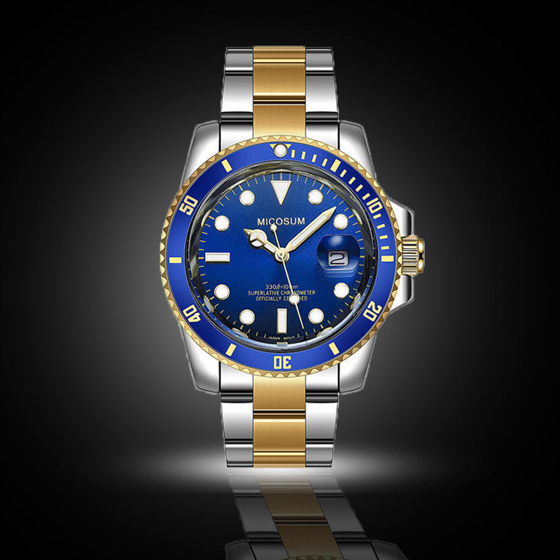 Men's Business Calendar Stainless Steel Watch Product information: Color: black, green, sapphire blue, green gold, blue gold Thickness: 12.5mm Packing specification: gift box Applicable people: general Style: business Packing list: Watch*1 Product Image: