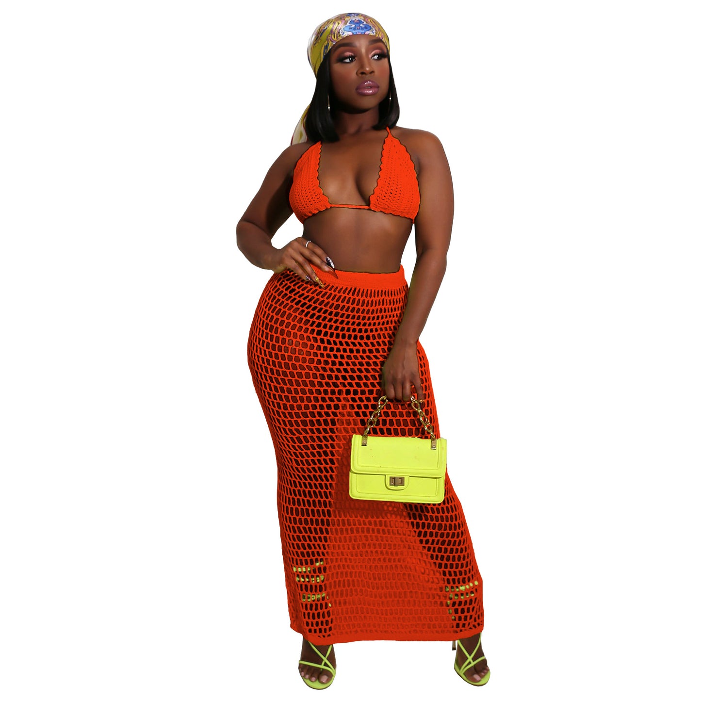 Summer Handmade Knitted Hollow Beach Cover-up See-through Two-piece Set Product information: Fabric name: acrylic Applicable scenarios: Dance sports, swimming wading Sports Color: Black Z068, white Z068, Rose Red Z068, tender yellow Z068, orange Z068 Size