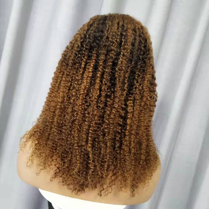 Human Hair Wigs Kinky Curly Product information: Style: star fashion Model: kinky curly lace headgear Applicable people: Ladies Processing technology: semi-mechanical and semi-hand-woven Wig length: long hair Can it be dyed and ironed: it can be dyed Hair