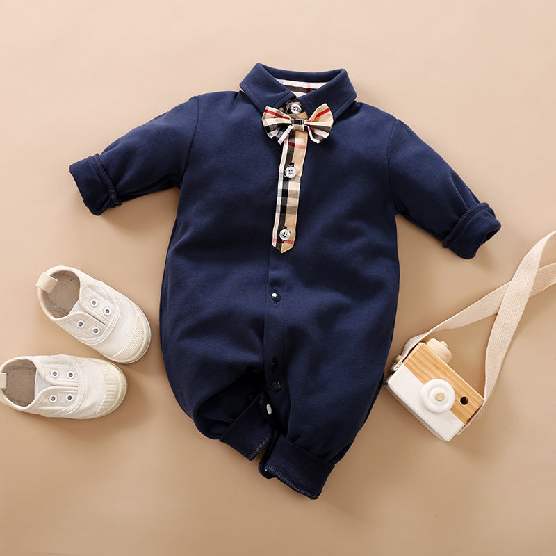 Gentleman's Baby Clothes, Long-sleeved Baby Clothes, Gentleman's Romper Product information: Material: Cotton Style: Gentleman Features: Long sleeve one-piece Size Information: Size: 59/66/73/80/90cm size Length bust Sleeve Hips Shoulder to crotch 59cm 50