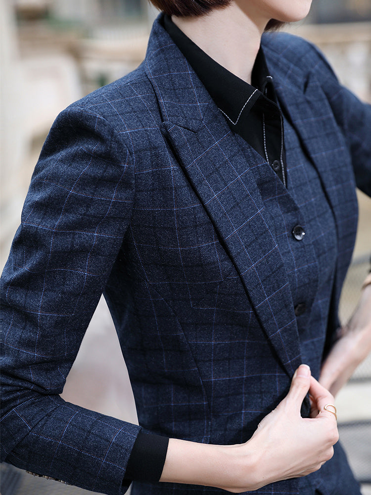 Plaid Suit Suit Fashion Temperament Business Product information: Product Category: Professional Women's Pants Set Version type: waist type Length of dress: ordinary style (50cm<length of dress≤65cm) Top style: small suit Top sleeve length: long sleeve Po