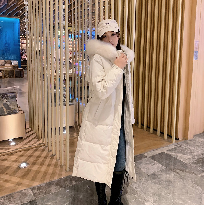 Hooded slim-fit large fur collar down jacket Edition type: Slim type Collar type: Hood/hat collar Whether there is a fur collar: there is a fur collar Fur collar material: fox fur Is there a belt: There is a belt Filling: white duck down Cashmere content: