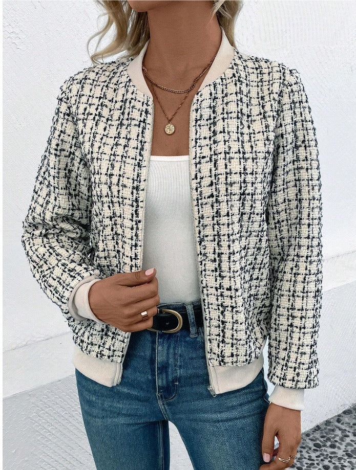 Fashion Plaid Zipper Short Jacket Autumn And Winter Casual Long Sleeve Baseball Clothing Women's Outwear Tops Product information: Fabric name: Polyester Main fabric composition: polyester (polyester fiber) Thickness: Medium Sleeve Type: Regular Sleeve Pa