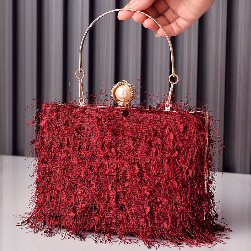 Tassel Handbags Women Dress Party Evening Bag Fashion Luxury Designer Square Bags Crossbody Shoulder Bag Ladies Product information: Material: polyester Lining texture: polyester Shape:Cylinder Fashion Element:Tassel Closure:Lock Color:Gray,Black,Dark Red