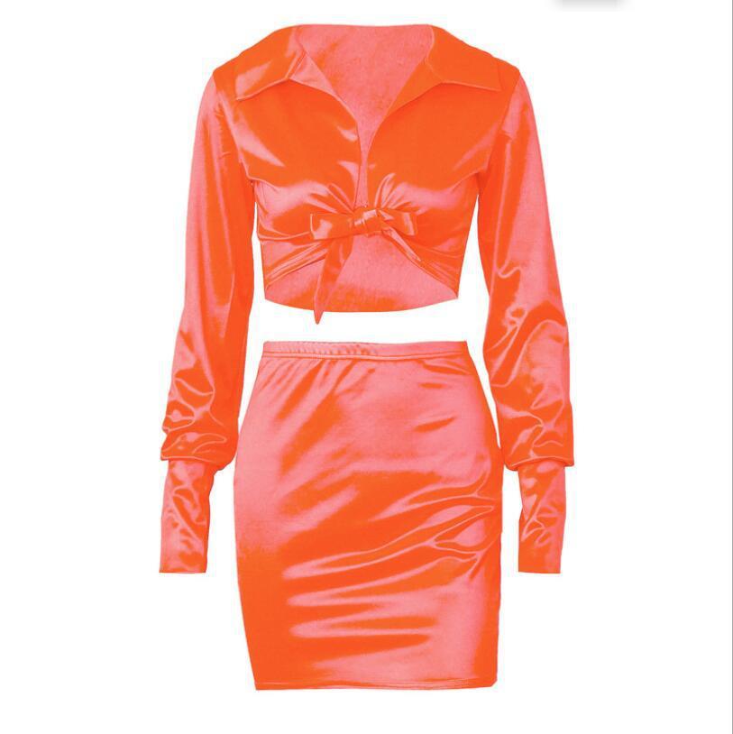 Sexy Fashion Satin Matching Sets dress Style: street pattern: plain Style: skirt suit Top style: coat Top sleeve length: long sleeve Skirt length: middle skirt Craft: Collage/Stitching Fabric name: Cotton blended Main fabric composition: cotton The conten