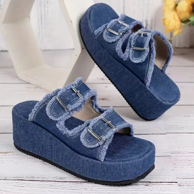 Fashion Denim Buckle Wedges Sandals Summer Outdoor High Heel Slippers Thick Bottom Camouflage Shoes For Women Overview: Unique design, stylish and beautiful. Good material, comfortable wear. A variety of colors, any choice. Product information: Upper mate