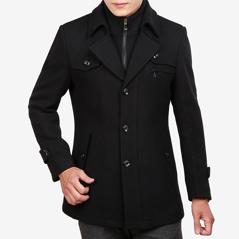 New thick woolen coat men Style: Business Edition type: Loose Thickness: thicker Placket: single breasted Is there a belt: There is a belt Suitable for the crowd: middle-aged Fabric name: woolen cloth Color: gray with cotton, yellow with cotton, black wit