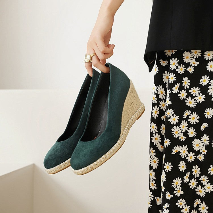 European And American Straw Woven Wedge Heel Fisherman Shoes Product information: Popular elements: shallow mouth, wedge heel Toe shape: pointed Style: Casual Applicable gender: female Heel height: high heel (6-8CM) Color: green, black, beige Size: 34,35,