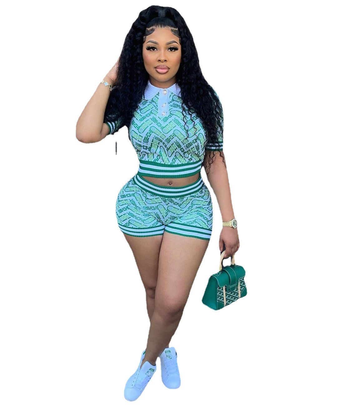 Retro Casual Patchwork Rib Short Sleeve Shorts Set Product information: Fabric name: Polyester Color: Picture color Size: S,m,l,xl,xxl, xxl,xxxxl,xs Style type: Street hipster Popular elements: Exposed navel Style: European and american style Size Informa