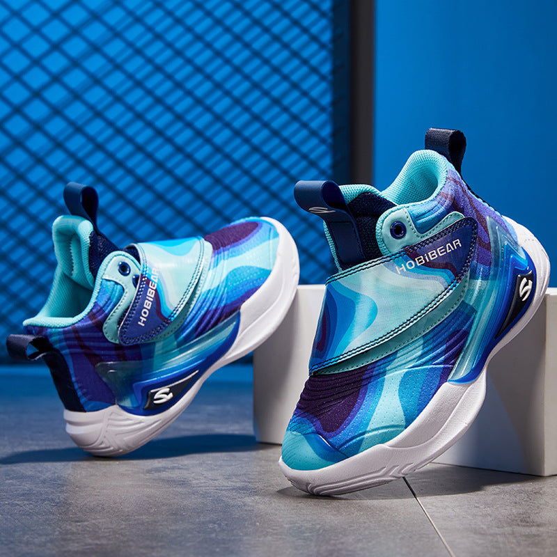Leather Surface, Children's Breathable Lightweight Basketball Shoes, Casual Running Shoes Product Information: Upper material: pu+ mesh pattern: plain Sole material: MD Wearing style: Velcro Color: purple blue, purple yellow Size Information Code 28/17.6c