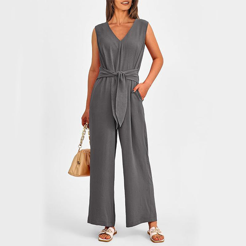 New V-neck Sleeveless Long Jumpsuit With Pockets And Lace-up Design Wide-leg Straight Trousers Summer Womens Clothing Product information: Material:Polyester + Spandex Size Information: Note: 1. Asian sizes are 1 to 2 sizes smaller than European and Ameri