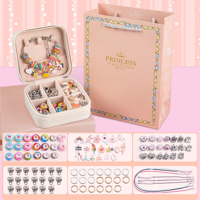 Children's Diy Handmade Beaded Bracelet Creative Jewelry Set Gift Box Product information: Material: alloy Treatment process: electroplating Style: Children Size information: Box size: 10 * 10 * 5cm Bracelet length: 19cm+5cm Necklace: 45cm Paper bag size: