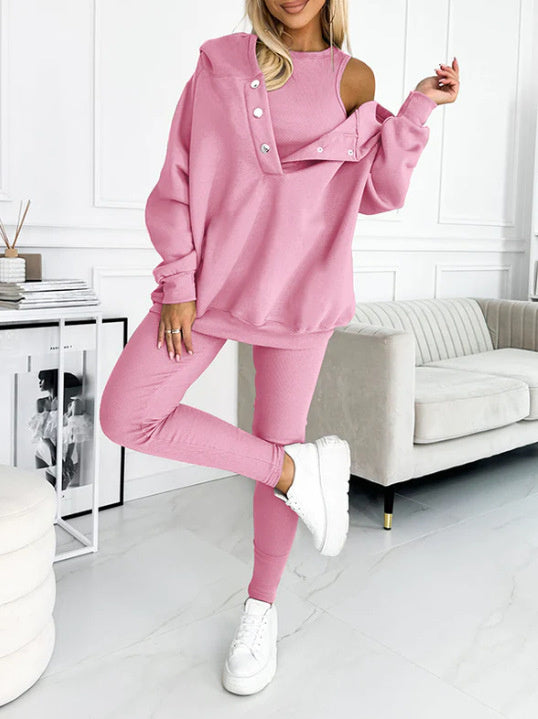 3pcs Women's Sports Suit Loose Hooded Pockets Sweatshirt And Vest And Slim Trousers Overview: Unique design, stylish and beautiful. Good material, comfortable wear. A variety of colors, any choice. Product information : Main fabric composition: polyester