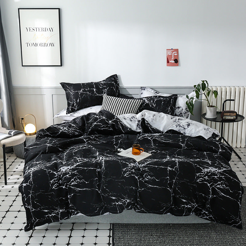 Three or four sets of bedding Bedding fabric: polyester fiber Printing and dyeing process: reactive printing and dyeing Weaving process: plain weave Applicable bed size: 1.5m (5 feet) bed Style: modern and simple Scene: Home Three or four sets of bedding