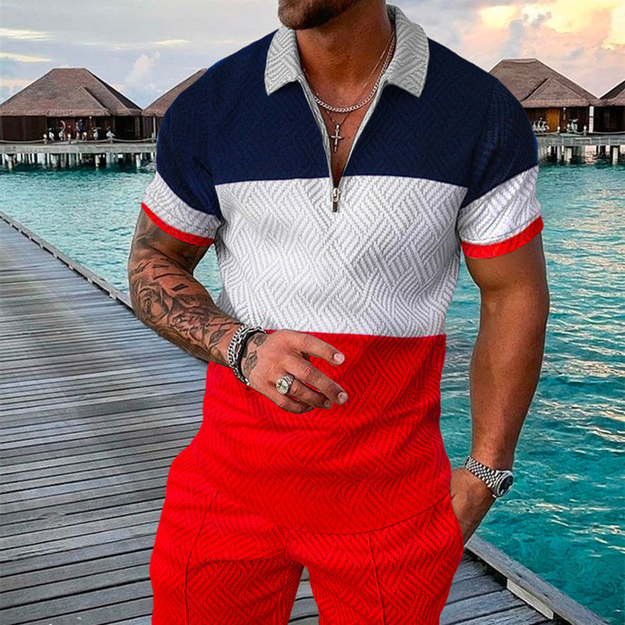 Men's Summer Fashion 3D Printed Short Sleeve Geometric Zip Lapel Shirt Set Product information: Material:Polyester Fiber (Polyester) Style:hip hop Features:printing Colour: blue red Size Information: Size: S/M/L/XL/XXL/3XL/4XL/5XL Note: 1. Asian sizes are