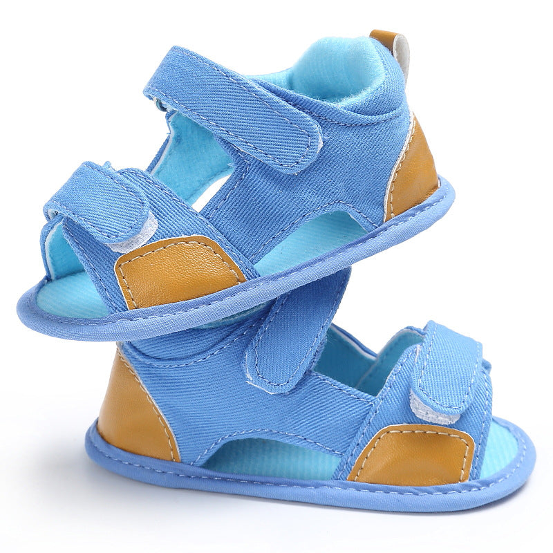 Denim baby Velcro sandals toddler shoes baby shoes Upper material: canvas Function: Breathable, non-slip Thickness: normal thickness Tube height: low tube Upper height: low to help Color: dark blue, light blue Length of shoes: 12cm(0-6 months), 13cm (6-9