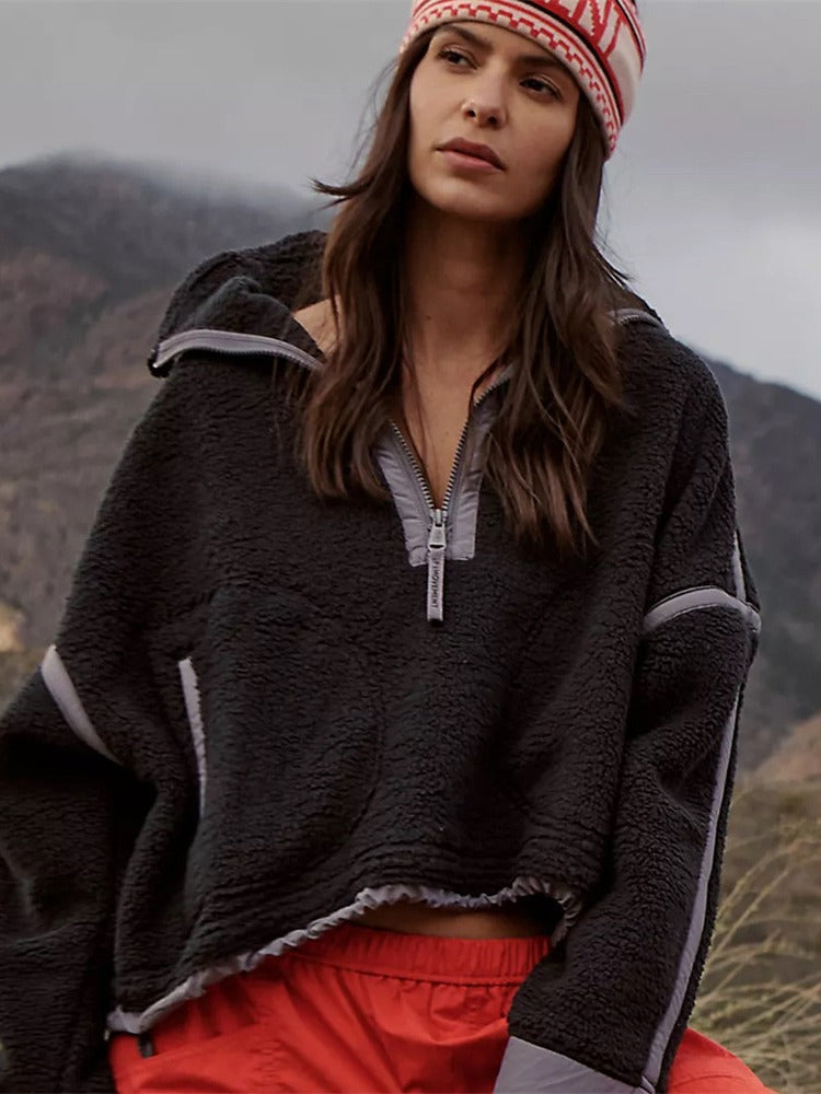 European And American Style Contrast Color Half Zipper Lamb Wool Sweatshirt Women Product information: Pattern: solid color Color: T3104 Blue, T3104 White, T3104 Black Size: S,M,L Version: Loose Style type: street fashion Combination form: Single piece Po