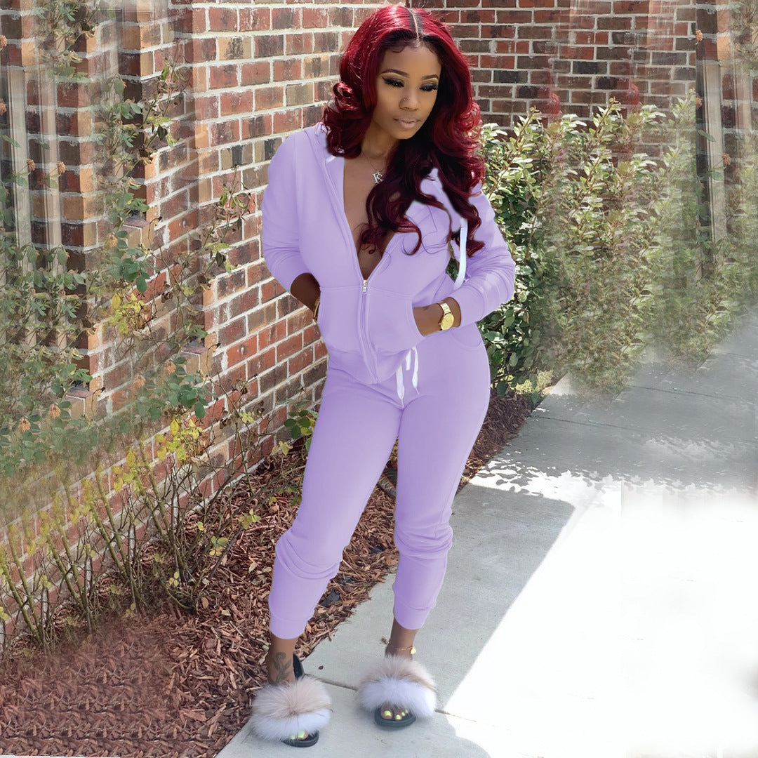 Pure Color Sweatshirt Suit Sports Two-Piece Suit Details: Style: Street Style: Pants suit Top style: Coat Top sleeve length: Long sleeve Pants style :Pencil pants Length: Trousers Popular elements: Zipper, stitching Craft: Collage/Stitching Product materi