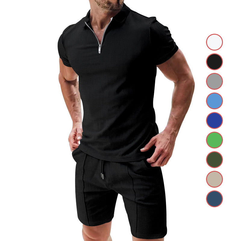2Pcs Casual Waffle Suit Summer Zipper Lapel Short-sleeved Top And Drawstring Pockets Shorts Versatile Solid Color T-shirt Set For Mens Clothing Overview: Unique design, stylish and beautiful. Good material, comfortable wear. A variety of colors, any choic