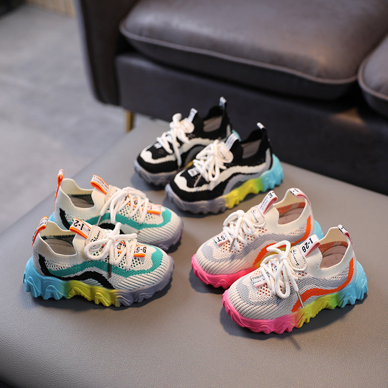 Children's Shoes Fashion Flying Woven Colorful Sole Sneakers Breathable Middle And Small Children's Old Shoes Overview: Unique design, stylish and beautiful. Good material, comfortable feet. A variety of colors, any choice. Specification: Applicable age: