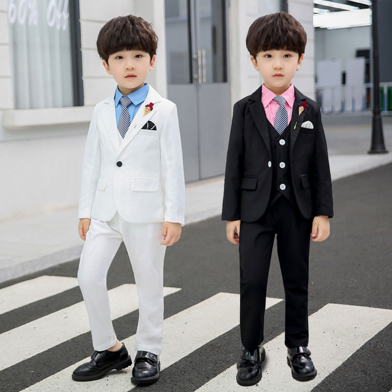 Spring Summer And Autumn New Children's Dress Three-piece Suit Product information: Applicable gender: general Color: A black three-piece suit (vest + coat + trousers), B white three-piece suit (vest + coat + trousers), C black four-piece suit (shirt + ve
