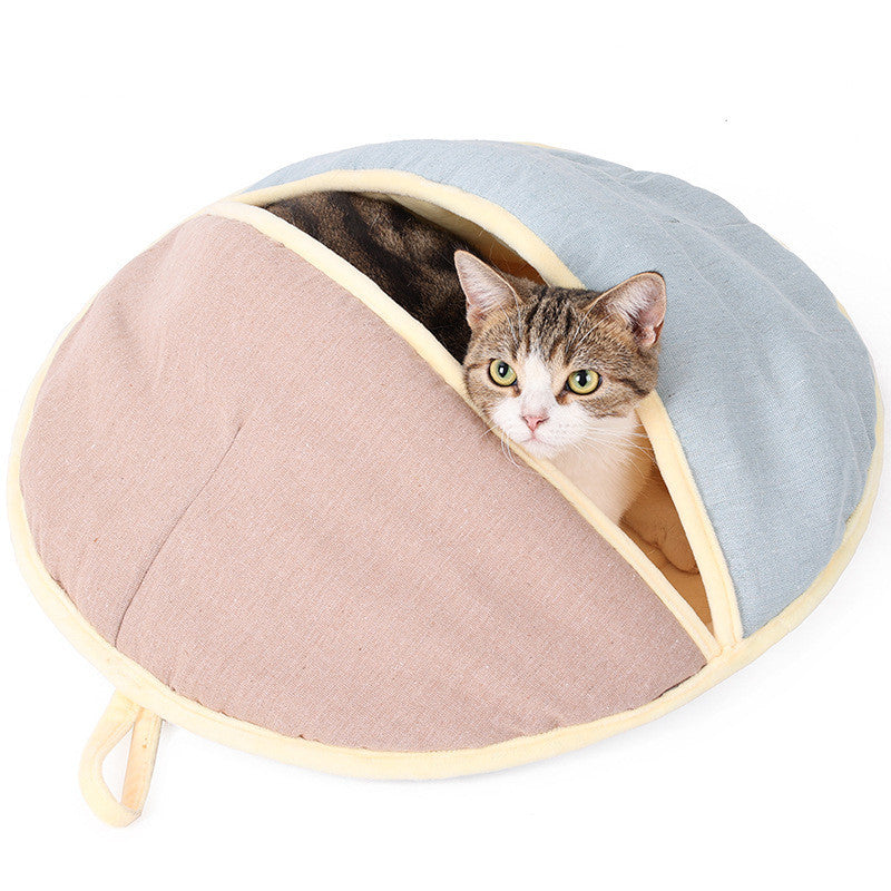 Round Fan Cotton And Linen Wool Warm Semi Enclosed Pet Nest For Cat Small Dog Product information: Material: cotton and linen Product category: pet nest Specifications: green, yellow blue, pink blue Size: 55 * 60CM Packing list: Pet nest * 1 Round Fan Cot