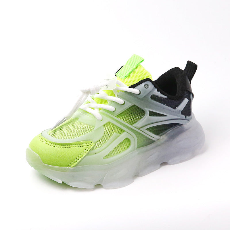 Boys And Girls Breathable Mesh Glow-in-the-dark Shoes Product information: Color: green, pink, rose Upper material: mesh fabric upper Function: Anti-slip Wearing style: front lacing Size Information: Size: 16.4cm in size 26, 17cm in size 27, 17.6cm in siz