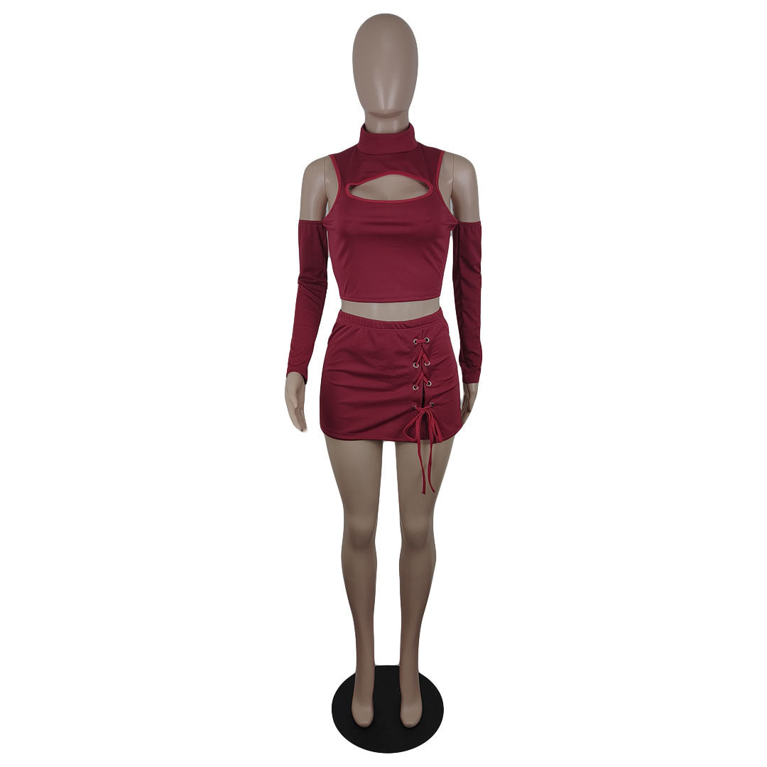 Ladies Skirt Eyelet Tie Shorts Set Product information : Style: pants suit Top style: T-shirt Top Sleeve Length: Long Sleeve Pants style: straight pants Pants length: shorts Craft : collage/stitching Fabric name: Zhigong Color: wine red Size Information: