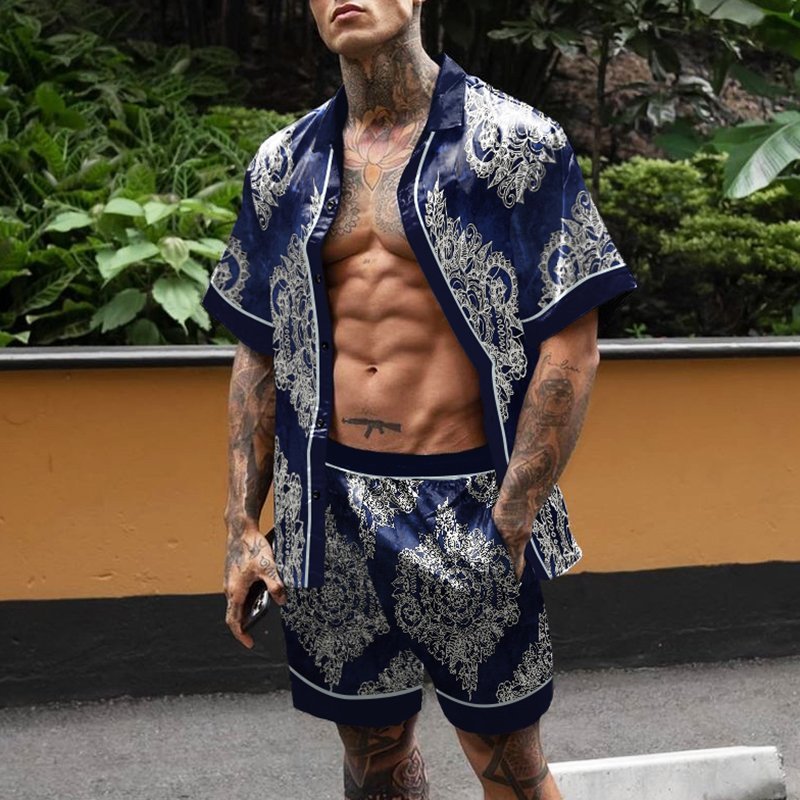 Loose Shirt Casual Men's Shorts Short Sleeve Suit Product information: Material:Polyester Fiber (Polyester) Style:Hong Kong style Features:printing Colour:Blue Size Information: Size: S/M/L/XL/XXL/3XL Note: 1. Asian sizes are 1 to 2 sizes smaller than Eur