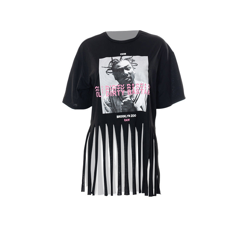 ODB Graphic Print Tassel Tee If you're looking for new ways to rock your style and stand out from the crowd, our ODB Graphic Print Tassel Tee should be your go-to. With its iconic graphic print, sexy tassels, crew neck, and stretchy fabric, this top will