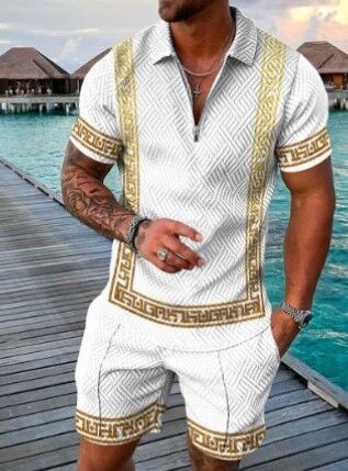 Short Sleeve Casual Striped Zip-Up POLO Shirt Men's Shorts Set Product information: Style: leisure Sleeve length: short sleeve Edition type: Loose Pattern: Stripes Fabric name: mesh Main fabric composition: polyester fiber Color: LT1086, LT1088 Size: S, M