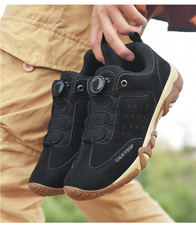 Men's Rotating Buckle Leisure Mountaineering Shoes Non-slip Wear-resistant Spring And Autumn Outdoor Product information: Pattern: solid color Applicable sports: Universal Color: black, khaki Upper height: low top Heel height: flat heel Heel shape: flat h