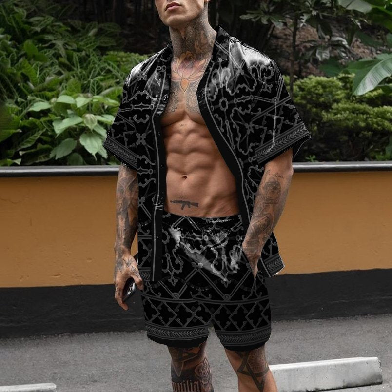 Loose Shirt Casual Men's Shorts Short Sleeve Suit Product information: Material:Polyester Fiber (Polyester) Style:Hong Kong style Features:printing Colour:black Size Information: Size:S/M/L/XL/XXL/3XL Note: 1. Asian sizes are 1 to 2 sizes smaller than Eur