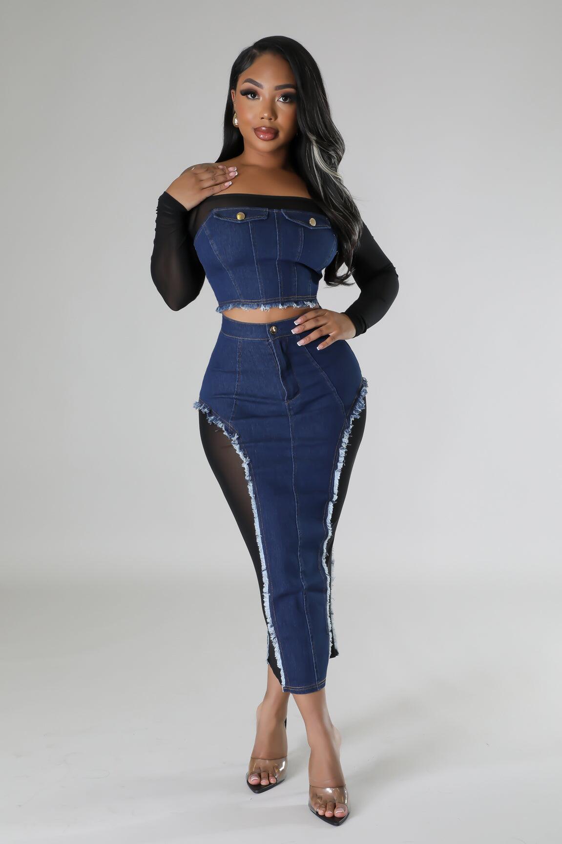 Women's Fashion Mesh Denim Stitching See-through Tube Top Skirt Two-piece Set Product information: Fabric name: denim Color: blue Main fabric composition: Polyester Size: S,M,L,XL,XXL Style: sexy style Craft: collage/stitching Note: 1. Asian sizes are 1 t