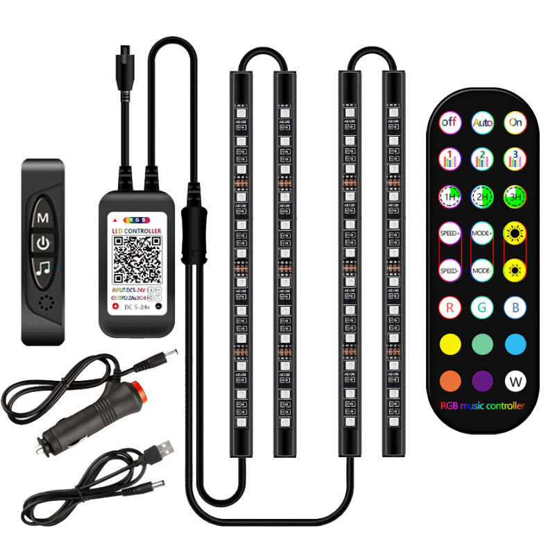 Styling Decorative Lamp LED Car Interior Light Waterproof Ambient Lamp Of Wireless Remote Music Control Car RGB Strip Lights Overview 1.Special glue for automobile, double-sided adhesive, non-destructive installation, fast and convenient 2.High-brightness