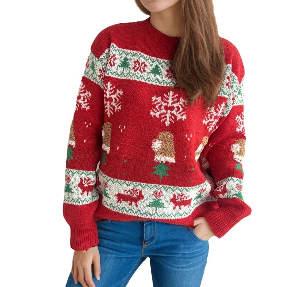 Christmas Stitching Jacquard Casual Knitted Round Neck Sweater Product information: Color: red Size: S,M,L Style: pullover Thickness: medium Fabric name: Polyester Main fabric composition: Polyester (polyester fiber) Wearing style: pullover Length: normal