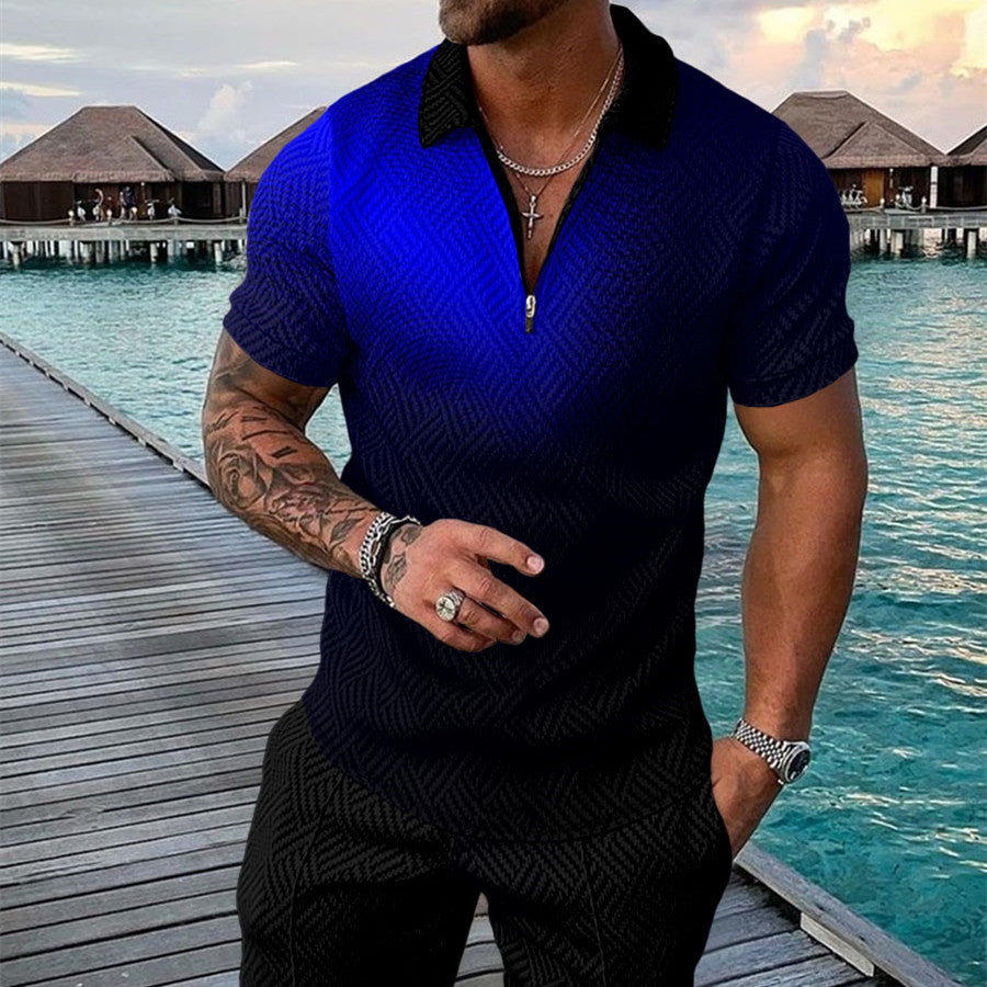 Men's Summer Fashion 3D Printed Short Sleeve Geometric Zip Lapel Shirt Set Product information: Material:Polyester Fiber (Polyester) Style:hip hop Features:printing Colour: Black blue Size Information: Size: S/M/L/XL/XXL/3XL/4XL/5XL Note: 1. Asian sizes a