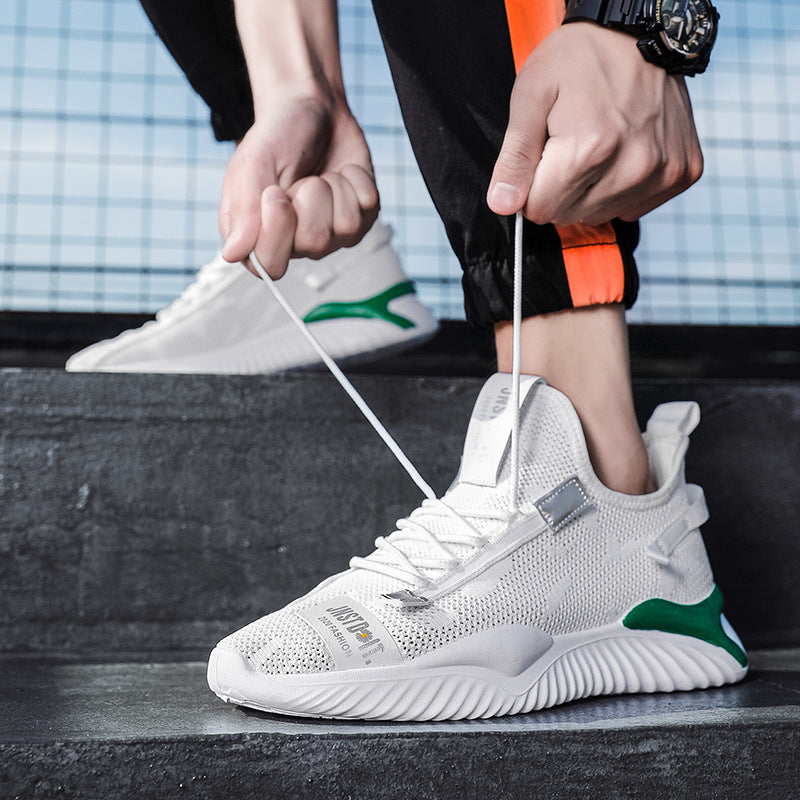 Summer flying woven sports men's shoes Style: Korean Function: breathable, light Pattern: color matching Upper material: fabric Sole material: plastic Popular elements: shallow mouth, color matching Heel shape: flat heel Upper height: low Toe shape: round
