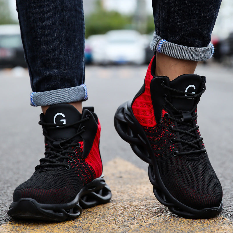 Flying Woven High-top Safety Shoes Men's Breathable Lightweight Safety Shoes Product information: color: red Function: Piercing damage Material: flying woven mesh, EVA bottom Upper style: high-top Series: Flying Weaving Series Whether anti-static: No Baot