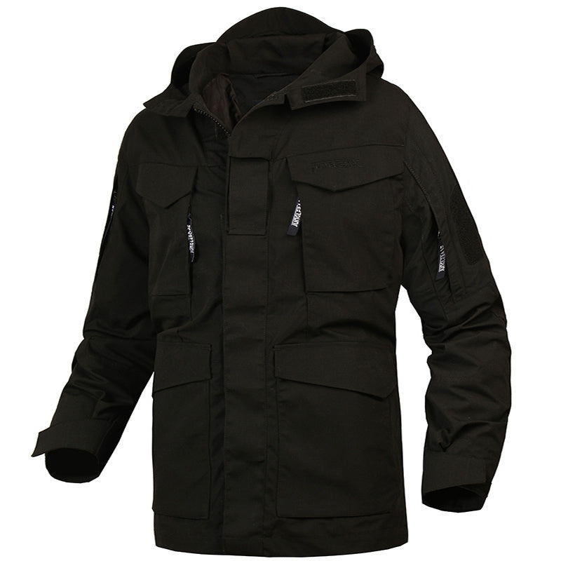 Outdoor Mid-length Windbreaker Tactical Jacket Men Product information: Material: Cotton polyester Fabric classification: Nylon polyester Pattern: Camouflage Collar type: Hooded (not removable) Clothing placket: Zipper Style: Tooling military Applicable s