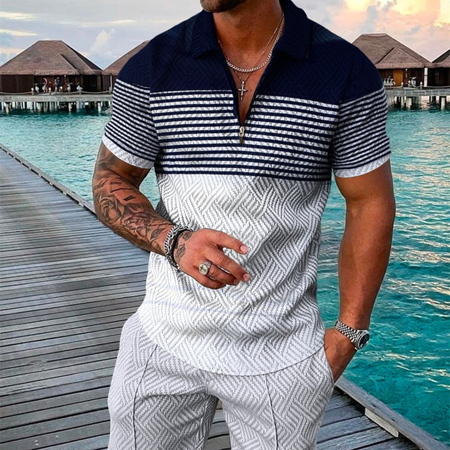 Men's Summer Fashion 3D Printed Short Sleeve Geometric Zip Lapel Shirt Set Product information: Material:Polyester Fiber (Polyester) Style:hip hop Features:printing Colour: dark blue Size Information: Size: S/M/L/XL/XXL/3XL/4XL/5XL Note: 1. Asian sizes ar